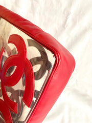 1990s Vintage CHANEL clear vinyl & red leather shoulder tote bag with CC appliqués, gold chain. 050919ac1