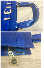 Vintage VERSACE croc embossed blue leather handbag with gold tone buckle motif. Avant Garde Lady gaga style. 070527ac3
