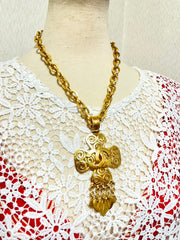 Vintage Chanel thick chain statement necklace with spiral petal flower, clover CC top and dangling leaves. Gorgeous jewelry. 070204ac2