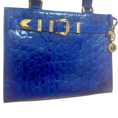 Vintage VERSACE croc embossed blue leather handbag with gold tone buckle motif. Avant Garde Lady gaga style. 070527ac3