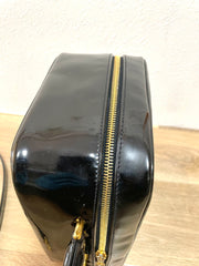 Vintage CHANEL Black Patent Enamel Vanity Bag — Lunchbox Shape Shoulder Bag with Large CC Stitch Motif — 080116re1