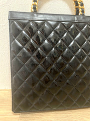 1990s Vintage CHANEL Black Matelassé Patent Enamel Shopper Bag with Gold Chain Handles | Quilted Classic Daily Bag | 050120an2re