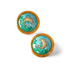 1990s. Vintage Hermes round shape cloisonne enamel golden earrings with dolphin design. Great gift idea. 0703110ac1