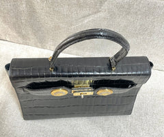 Vintage Gianni Versace black croc embossed leather handbag with Medallion Sunburst charms. Gorgeous masterpiece. 061104y1