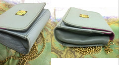 Vintage MCM light grey monogram and purple logo jacquard mini clutch shoulder bag, wallet pouch with chain strap. 070325re1