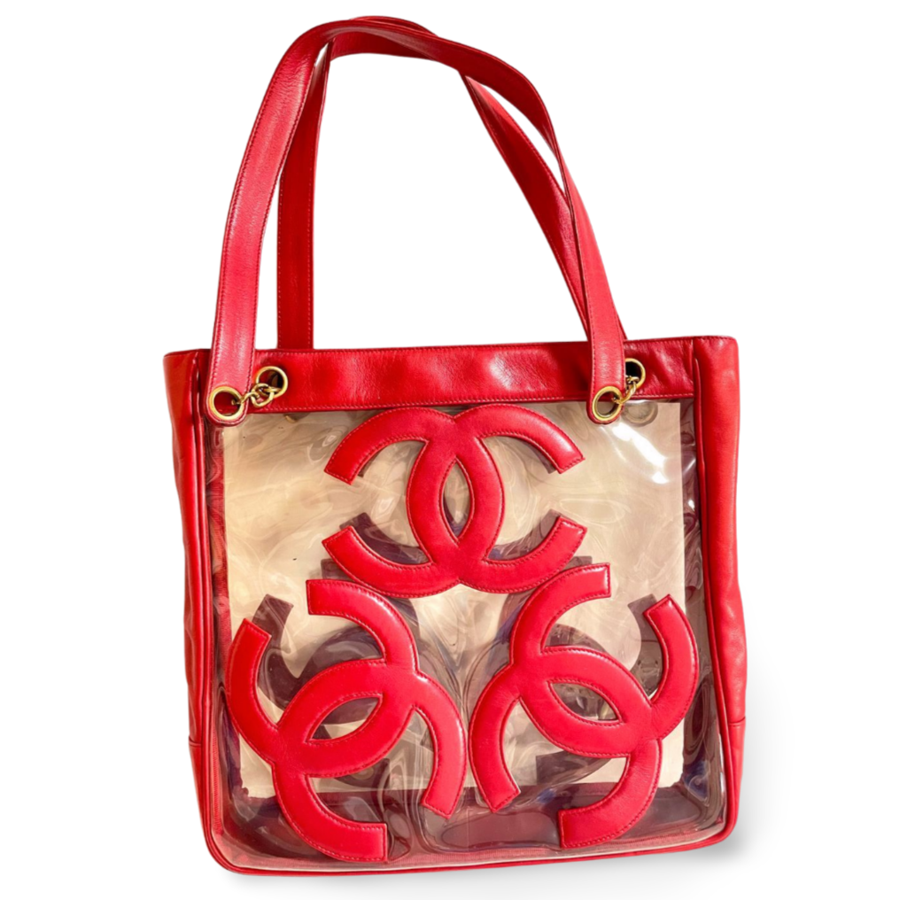1990s Vintage CHANEL clear vinyl & red leather shoulder tote bag with CC appliqués, gold chain. 050919ac1