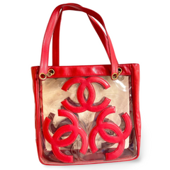 1990s Vintage CHANEL clear vinyl & red leather shoulder tote bag with CC appliqués, gold chain. 050919ac1