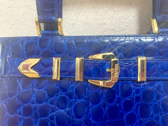 Vintage VERSACE croc embossed blue leather handbag with gold tone buckle motif. Avant Garde Lady gaga style. 070527ac3