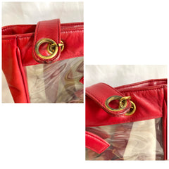 1990s Vintage CHANEL clear vinyl & red leather shoulder tote bag with CC appliqués, gold chain. 050919ac1