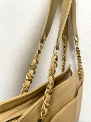 Vintage CHANEL brown beige caviar leather chain tote bag, shoulder purse with CC stitch marks. Classic and daily use bag. 070429re