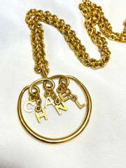Vintage CHANEL golden long chain necklace with round logo letter dangling pendant top. Rare and adorable jewelry. 070204ac1