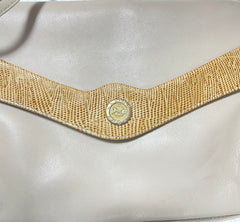 Vintage Celine ivory beige and brown lizard embossed leather combo shoulder bag, clutch purse with golden logo. Celine Sport. 041015