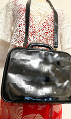Vintage CHANEL Black Patent Enamel Vanity Bag — Lunchbox Shape Shoulder Bag with Large CC Stitch Motif — 080116re1