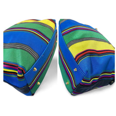 Vintage Gianni Versace duffle handbag in blue, yellow, green and other color fabric and black leather combination. 060810y1