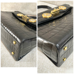 Vintage Gianni Versace black croc embossed leather handbag with Medallion Sunburst charms. Gorgeous masterpiece. 061104y1
