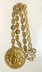 90s Vintage Gianni Versace Runway necklace with extra large Medusa face pendant top. Can be worn as a belt as well. Must have masterpiece. 070818y1
