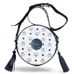 1990s Vintage MCM Suzy Wong Round Shoulder Bag — White & Navy Monogram — Designed by Michael Cromer. 071113tr