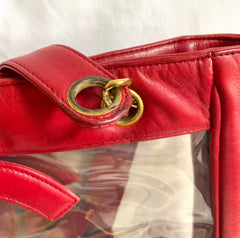 1990s Vintage CHANEL clear vinyl & red leather shoulder tote bag with CC appliqués, gold chain. 050919ac1