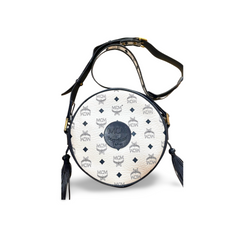1990s Vintage MCM Suzy Wong Round Shoulder Bag — White & Navy Monogram — Designed by Michael Cromer. 071113tr