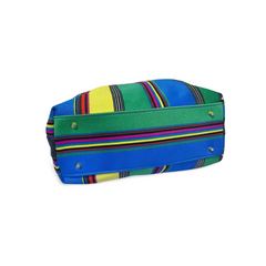 Vintage Gianni Versace duffle handbag in blue, yellow, green and other color fabric and black leather combination. 060810y1
