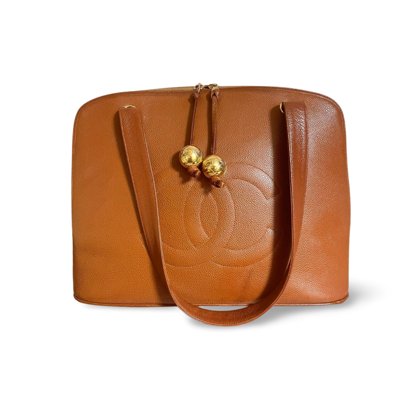 Vintage CHANEL caviar leather double zipper tote bag in brown with golden CC ball charms.  Daily use purse. 060728br1