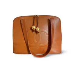 Vintage CHANEL caviar leather double zipper tote bag in brown with golden CC ball charms.  Daily use purse. 060728br1