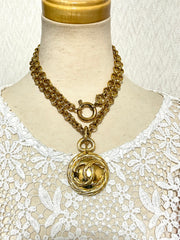 Vintage CHANEL nice and heavy chain necklace with round twisted CC and mirror pendant top. Best gift idea. 051125ya1
