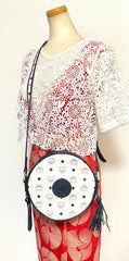 1990s Vintage MCM Suzy Wong Round Shoulder Bag — White & Navy Monogram — Designed by Michael Cromer. 071113tr