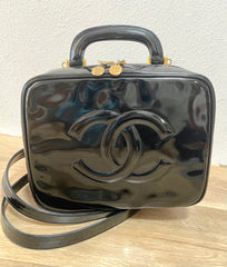 Vintage CHANEL Black Patent Enamel Vanity Bag — Lunchbox Shape Shoulder Bag with Large CC Stitch Motif — 080116re1