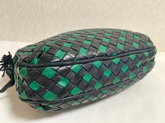 Vintage Bottega Veneta intrecciato navy and green woven lamb leather shoulder bag. 070203ys1