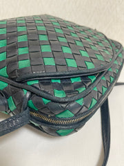 Vintage Bottega Veneta intrecciato navy and green woven lamb leather shoulder bag. 070203ys1