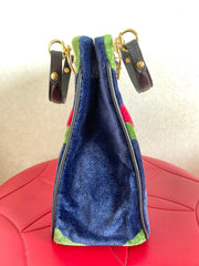 Vintage Roberta di Camerino navy, green, and red thunder chevron velvet weaving doctor bag with buckle strap leather handles. 0406221