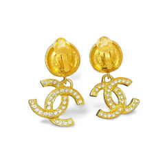 Vintage CHANEL dangle earrings with crystal CC motif and round logo embossed motif on top. Gorgeous vintage Chanel jewelry. 061214y1