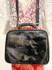 Vintage CHANEL Black Patent Enamel Vanity Bag — Lunchbox Shape Shoulder Bag with Large CC Stitch Motif — 080116re1