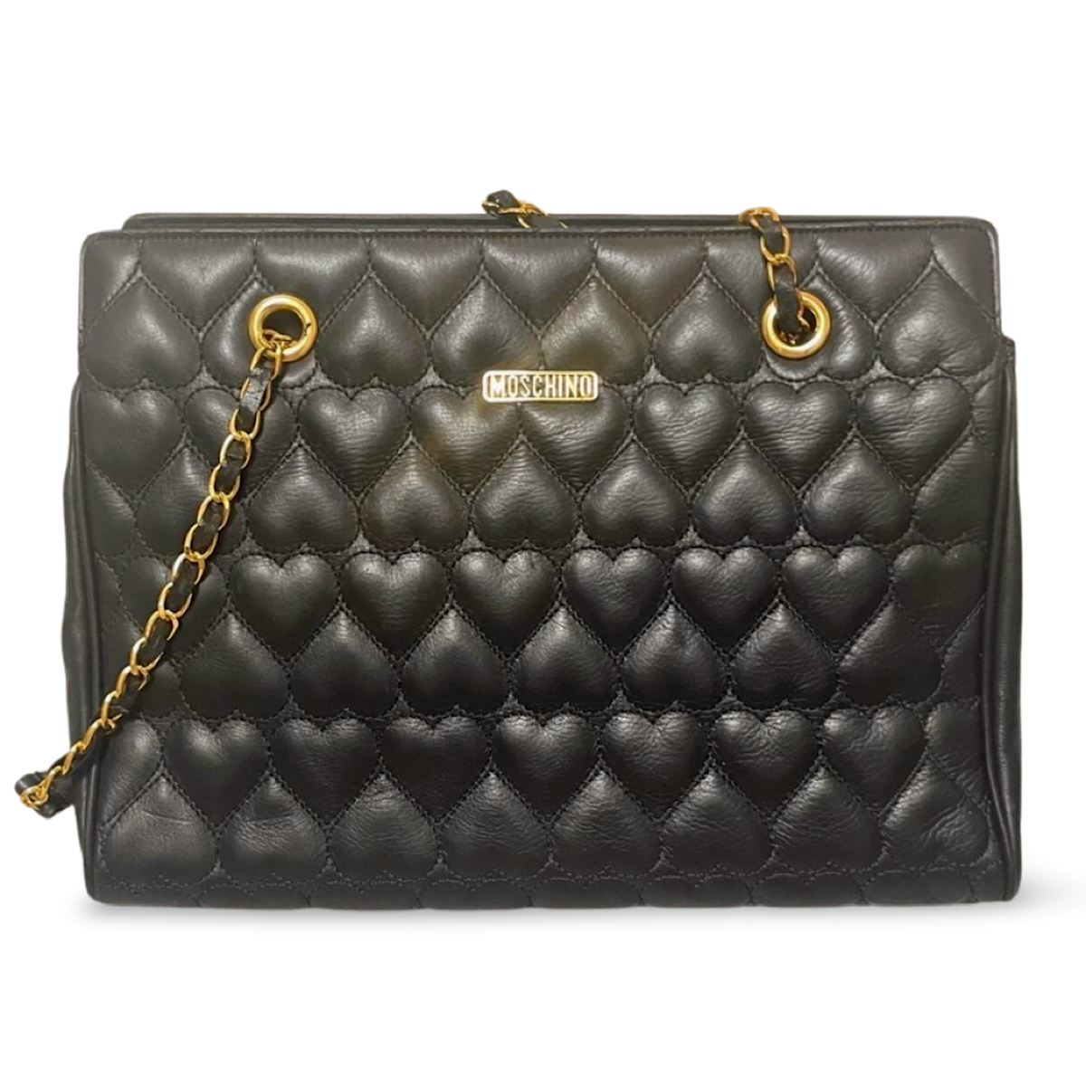 Vintage MOSCHINO black heart shape quilting lambskin tote bag with golden chains. Chic and functional purse. 070603ac1