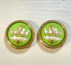 1990s Vintage HERMÈS Cloisonné Round Earrings | Lime Green Little Prince Motif | Prince, Carriage & Stars | Classic Enamel Jewelry. 071121y3