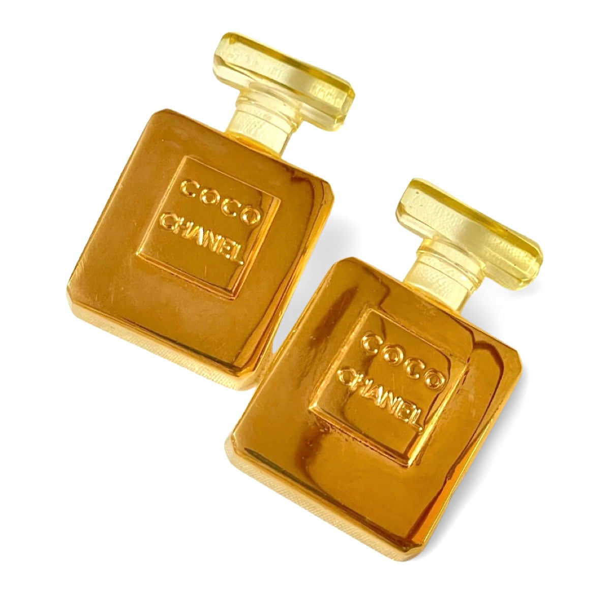 Vintage Chanel golden perfume bottle earrings with embossed logo. Large and heavy earrings. 070114ac2