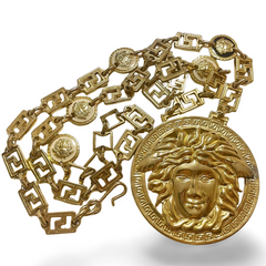 90s Vintage Gianni Versace Runway necklace with extra large Medusa face pendant top. Can be worn as a belt as well. Must have masterpiece. 070818y1
