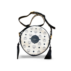 1990s Vintage MCM Suzy Wong Round Shoulder Bag — White & Navy Monogram — Designed by Michael Cromer. 071113tr