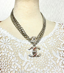 Vintage Chanel turn lock CC silver chain necklace. Double turn lock CC mark long necklace. 051003ac