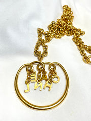 Vintage CHANEL golden long chain necklace with round logo letter dangling pendant top. Rare and adorable jewelry. 070204ac1