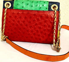 Vintage Celine genuine ostrich shoulder bag with gold tone chains and red, orange, blue, green, and yellow patchwork design. 050410ac1