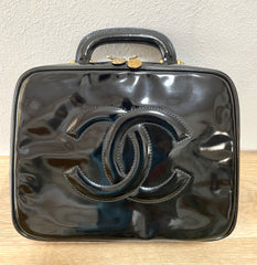 Vintage CHANEL Black Patent Enamel Vanity Bag — Lunchbox Shape Shoulder Bag with Large CC Stitch Motif — 080116re1