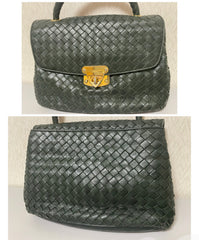 Vintage Bottega Veneta dark green intrecciato woven leather handbag. Rare masterpiece. 070324ac
