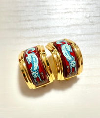 Vintage Hermes cloisonne enamel golden earrings with blue fox design. Classic Hermes jewelry. 060924ac1