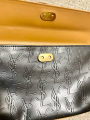 Vintage Yves Saint Laurent black and brown leather handbag with embossed “YSL” logo all over. One of the best daily use purses. 060611ac4