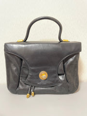 Vintage Bally black leather retro pop design bag, business purse with gold tone drawstrings and unique flap cut design.  Unisex use. 160315