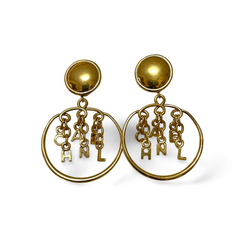 Vintage CHANEL golden round motif and logo letter dangling earrings. Rare and adorable jewelry for your collection. 060820ac2