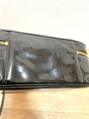 Vintage CHANEL Black Patent Enamel Vanity Bag — Lunchbox Shape Shoulder Bag with Large CC Stitch Motif — 080116re1