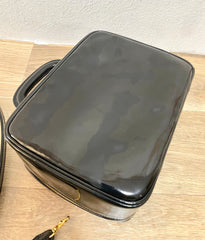 Vintage CHANEL Black Patent Enamel Vanity Bag — Lunchbox Shape Shoulder Bag with Large CC Stitch Motif — 080116re1